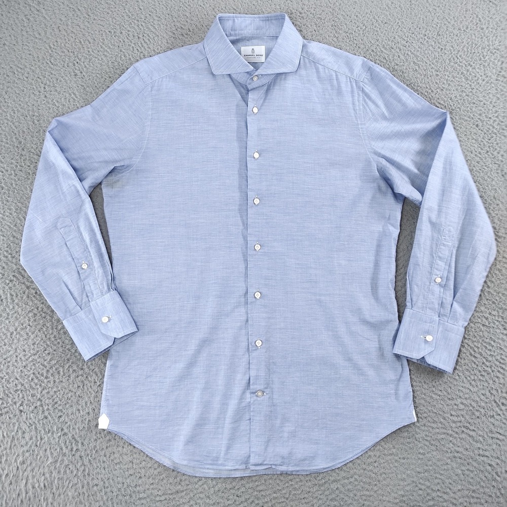 Emanuel Berg Dress Shirt Mens Medium Blue Slim Custom Fit Cotton Long Sleeve
